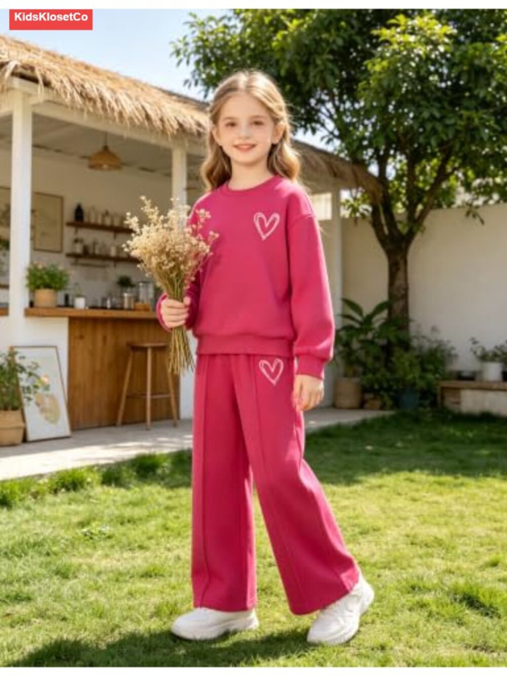 Girls 2 Piece Outfit Crewneck Sweatshirt & Flared Pants Set - Picture 2 of 6